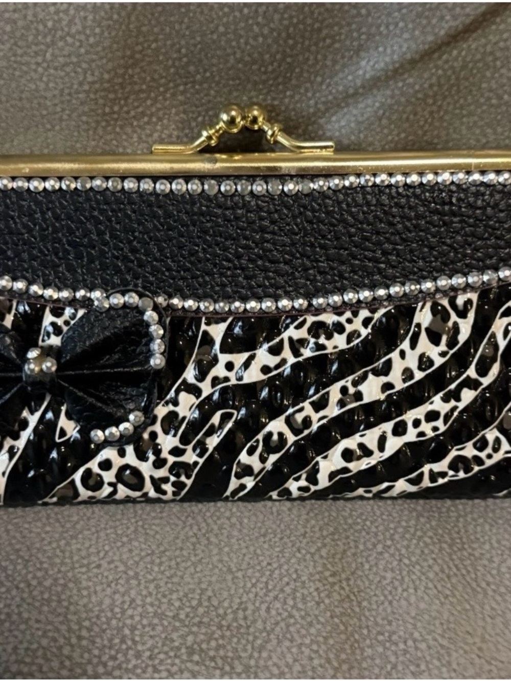Black & White Zebra Print Clutch with Rhinestone Trim